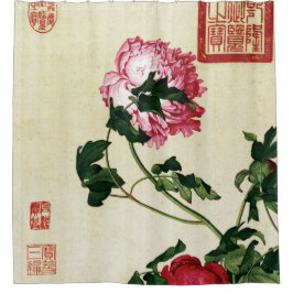 Vintage Chinese Roze Pioen Bloem Kunst Douchegordijn