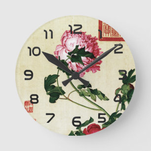 Vintage Chinese Roze Pioen Bloem Kunst Ronde Klok