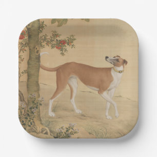 Vintage Chinese Windhond Hond & Vogel Kunst Papieren Bordje