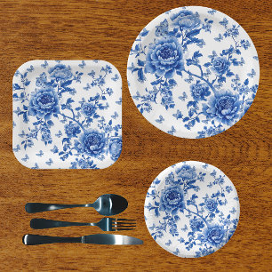 Vintage Chinoiserie Blauwe Witte Vlinderrozen  Papieren Bordje