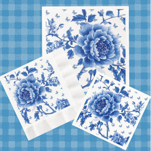 Vintage Chinoiserie Blauwe Witte Vlinderrozen Servet