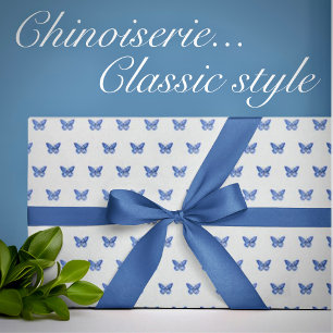 Vintage Chinoiserie Blauwe Witte Vlinders  Cadeaupapier