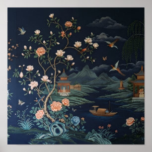 Vintage Chinoiserie Bloem- en Landschapskunstposte Poster