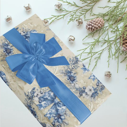 Vintage Chinoiserie Blue White Holiiday  Damask Cadeaupapier