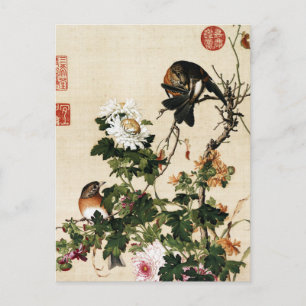 Vintage Chinoiserie Chrysanthemum & Vogels Kunst Briefkaart