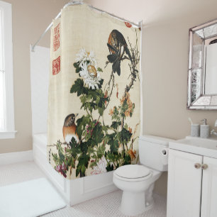 Vintage Chinoiserie Chrysanthemum & Vogels Kunst Douchegordijn