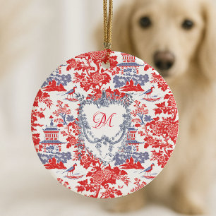 Vintage Chinoiserie Delft Frans rood Blauw monogra Keramisch Ornament