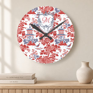 Vintage Chinoiserie Delft Frans rood Blauw monogra Ronde Klok
