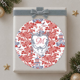 Vintage Chinoiserie Delft Frans rood Blauw monogra Ronde Sticker