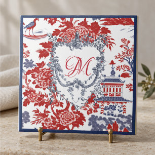 Vintage Chinoiserie Delft Frans rood Blauw monogra Tegeltje