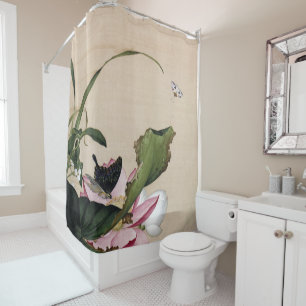 Vintage Chinoiserie Lotus- en Vlinderkunst Douchegordijn