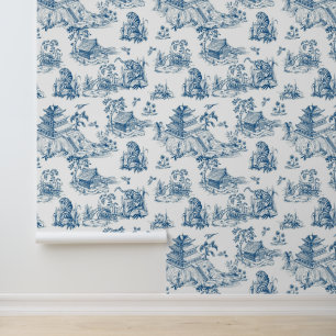 Vintage Chinoiserie Luipaard Pagode Navy & Wit Behang