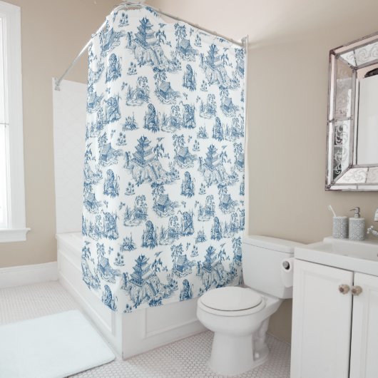 Vintage Chinoiserie Luipaard Pagode Navy & Wit Douchegordijn (In situ)