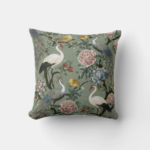Vintage Chinoiserie Pauw en Kraanvogel Bloemen Kussen