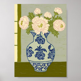 Vintage Chinoiserie Pioenrozen in Blue Willow Poster