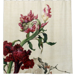 Vintage Chinoiserie Rode Hanenkam Bloem Kunst Douchegordijn