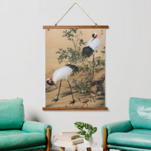 Vintage Chinoiserie Rode Kraanvogels & Rozen Hangend Wandkleed
