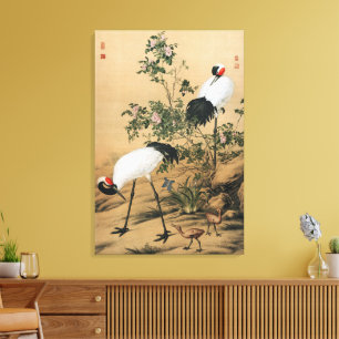 Vintage Chinoiserie Roodkronkraanvogels & Rozen Canvas Afdruk