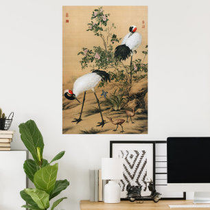 Vintage Chinoiserie Roodkronkraanvogels & Rozen Poster