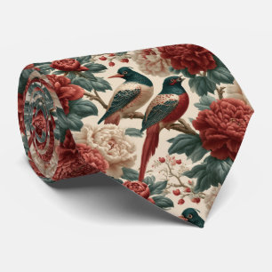 Vintage Chinoiserie Vogels en Rode Pioenbloemen Stropdas