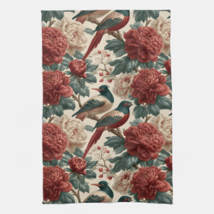 Vintage Chinoiserie Vogels en Rode Pioenbloemen Theedoek