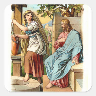Vintage christelijke sticker-Vrouw bij de put Vierkante Sticker