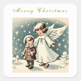 Vintage Christmas Angel en Kind Flat Kaart Vierkante Sticker
