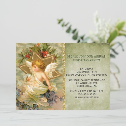 Vintage Christmas Angel Holiday Party Uitnodiging (Staand voorkant)