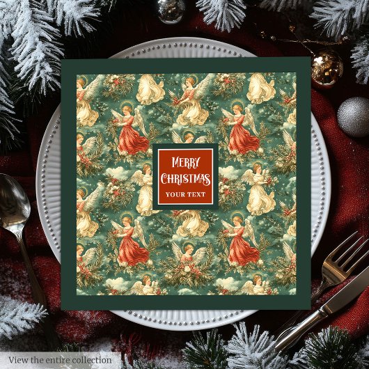 Vintage Christmas Angels Pastel Green Deep Red Servet