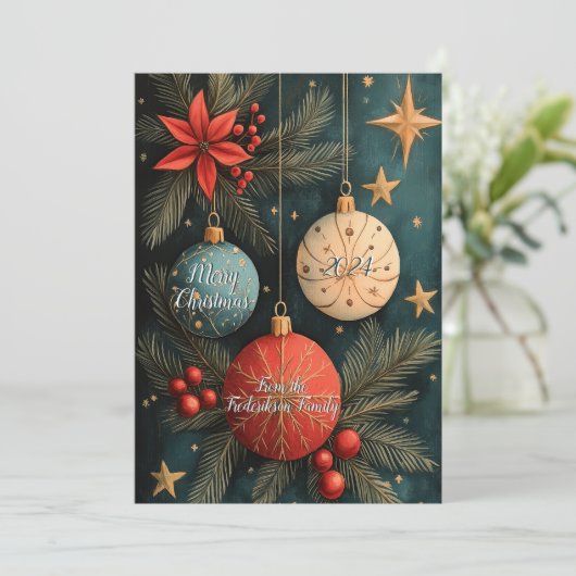 Vintage Christmas Baubles Flat Holiday Kaart (Staand voorkant)