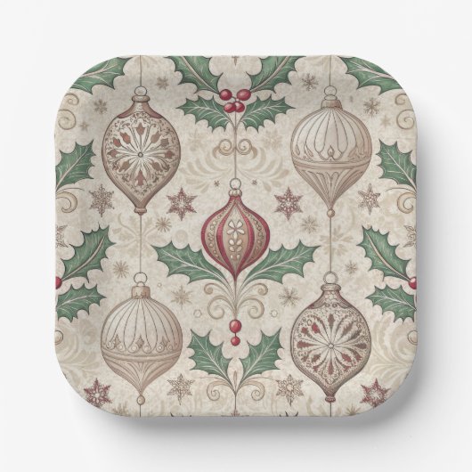 Vintage Christmas Beige Bauble Papieren Bordje (Voorkant)