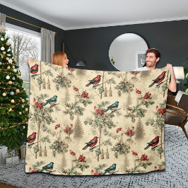 Vintage Christmas Blue Jay Red Mockingbird Fleece Deken