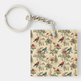 Vintage Christmas Blue Jay Red Mockingbird Sleutelhanger