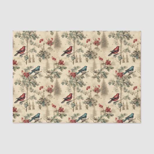 Vintage Christmas Blue Jay Red Mockingbird Tissuepapier (Voorkant)