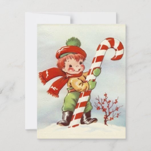 Vintage Christmas Boy en Big Candy Cane Feestdagenkaart (Voorkant)