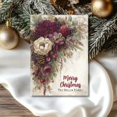 Vintage Christmas Burgundy Floral Personalized Feestdagenkaart