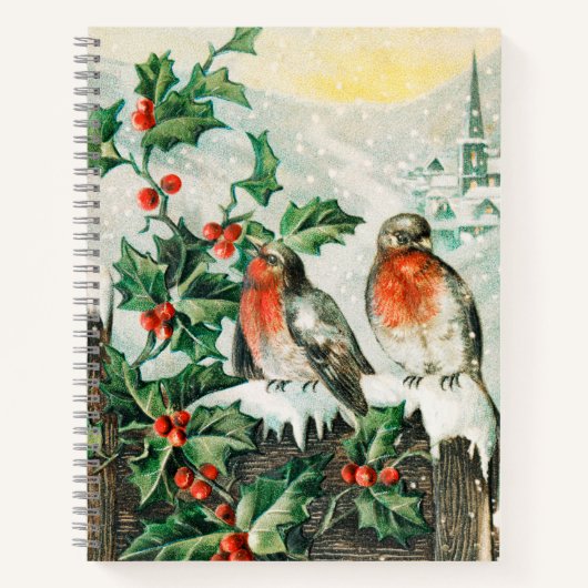 Vintage Christmas Card with Robins, Holly, Church Notitieboek (Voorkant)