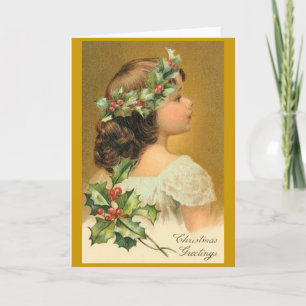 Vintage Christmas Card with Victorian Girl Feestdagen Kaart