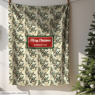 Vintage Christmas Carols Holly Berry Custom Name Fleece Deken