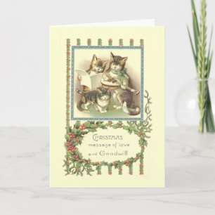 Vintage Christmas Cat Family Wenskaart Feestdagen Kaart