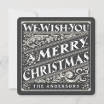 VINTAGE CHRISTMAS CHALKBOARD PHOTO CARD FEESTDAGENKAART<br><div class="desc">WE WISH YOU MERRY CHRISTMAS: Bright and cheerful whimsical SQUARE chalkboard style Christmas flat flat fotocard with retro black and white typography, and fancy deco swirls in art nouveau style. Personalize this decorative foliday foto greeting card with your family name and add your favorite famy picture. Contemporary, classic, modern and...</div>
