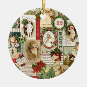 VINTAGE CHRISTMAS COLLAGE KERAMISCH ORNAMENT