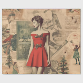  Vintage Christmas Collage Lady in Red Gift Wrap Cadeaupapier