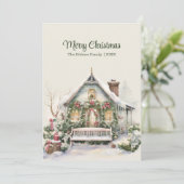 Vintage Christmas Cottage met veranda gepersonalis Feestdagenkaart (Staand voorkant)