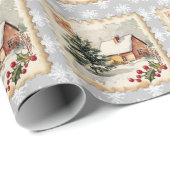Vintage Christmas Cottage Postzegel Cadeaupapier (Rol Hoek)