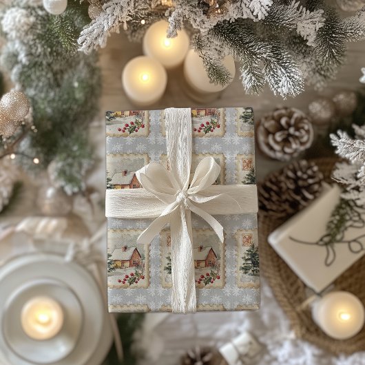 Vintage Christmas Cottage Postzegel Cadeaupapier