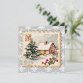 Vintage Christmas Cottage Postzegel Feestdagenkaart (Staand voorkant)