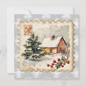 Vintage Christmas Cottage Postzegel Feestdagenkaart (Voorkant)