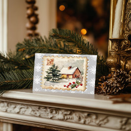 Vintage Christmas Cottage Postzegel Feestdagenkaart