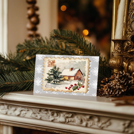 Vintage Christmas Cottage Postzegel Feestdagenkaart